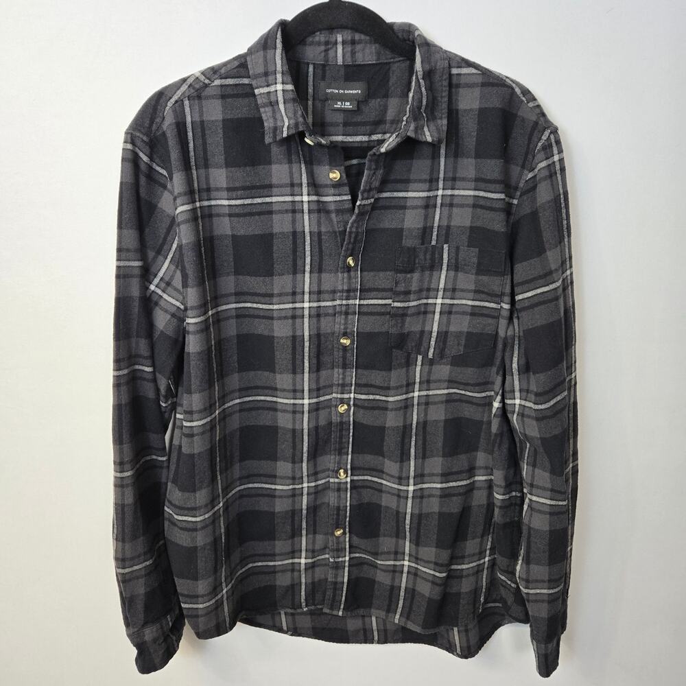 Cotton On Plaid Button‑Down Shirt – Charcoal/Black – Men’s XL